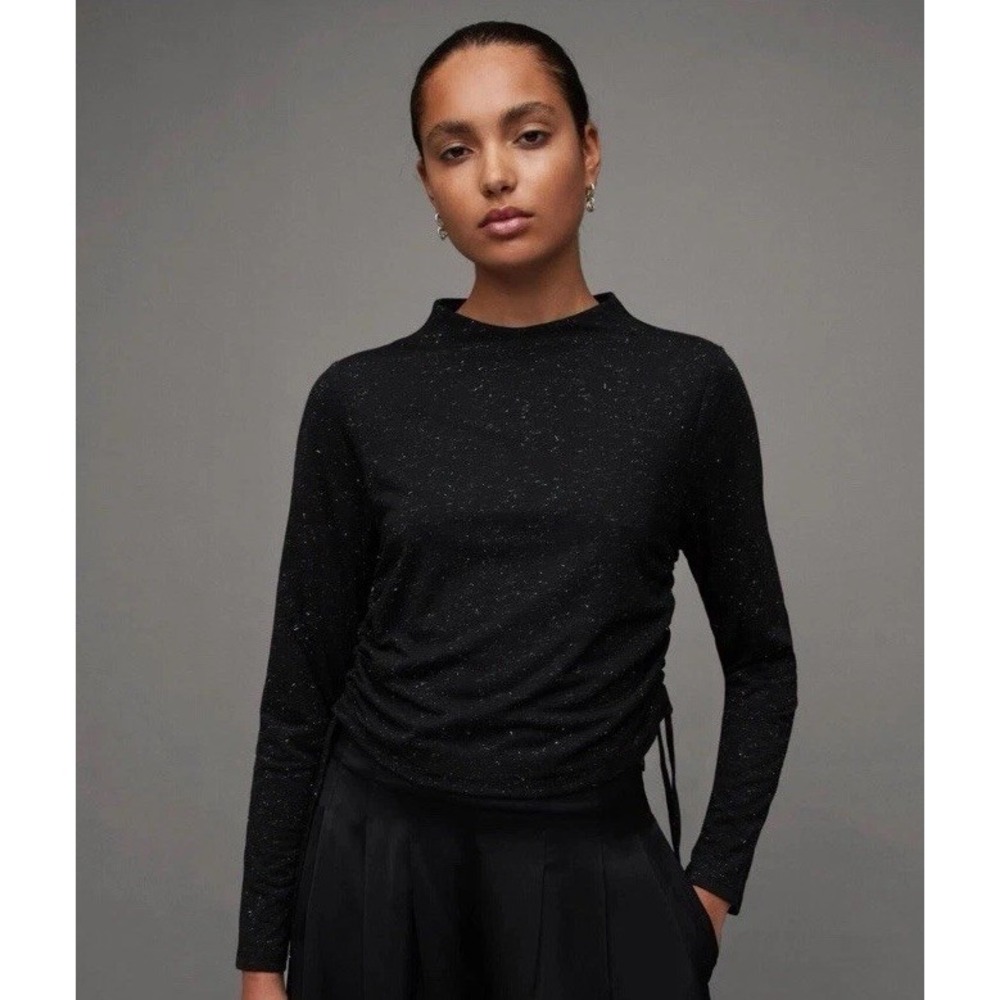Allsaints Beta Shimmer Top Sz 8 Long Sleeves Black Ruched Sides Stretch EUC